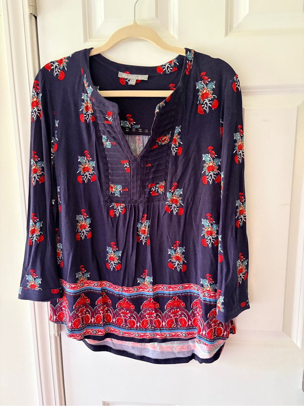 Daniel Rainn Navy Floral Pintuck Tunic with Red Accents